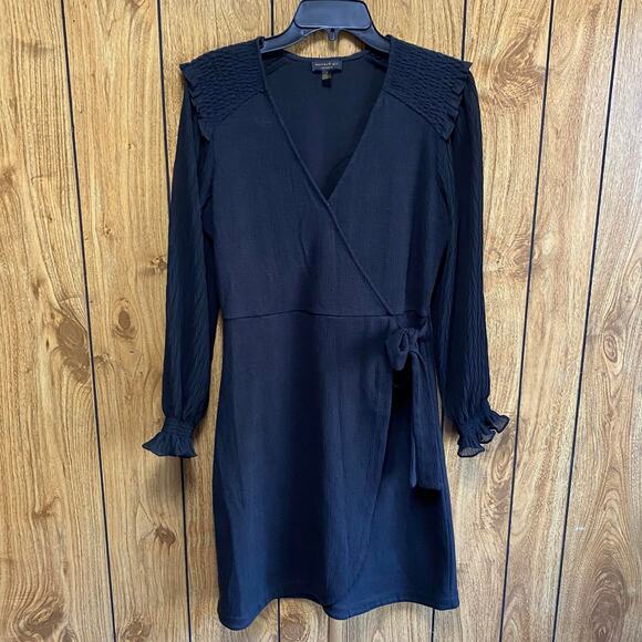 Current Air Anthropologie Black Faux Wrap Dress Small Semi-Sheer Sleeves Gothic - Picture 3 of 7
